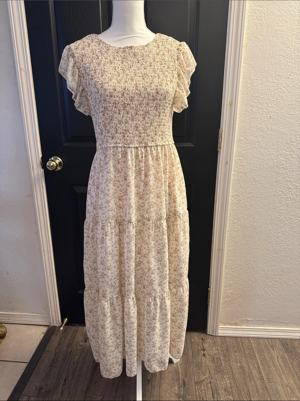 Cream Floral Maxi Dress with Smocked Bodice